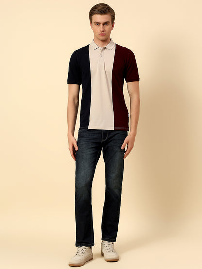 T-Shirt for Men | Breathable & Soft with Color Fastness Regular Fit Polo Neck Poly Cotton Fabric Colourblocked Pattern
