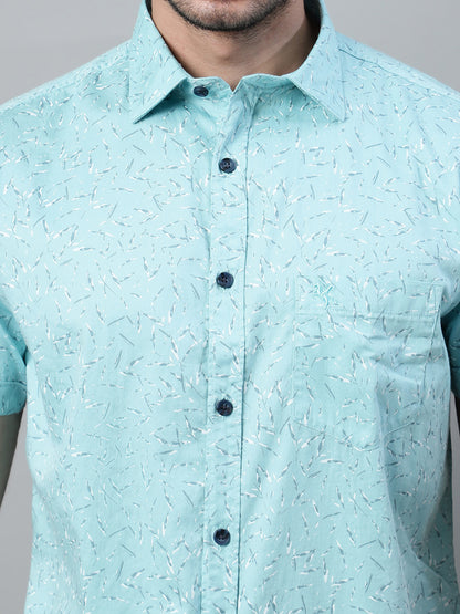 Men's Aqua Blue Casual Abstract Print Half Sleeve Shirt