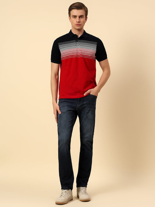 T-Shirt for Men | Breathable & Soft with Color Fastness Regular Fit Polo Neck Poly Cotton Fabric Stripes Pattern