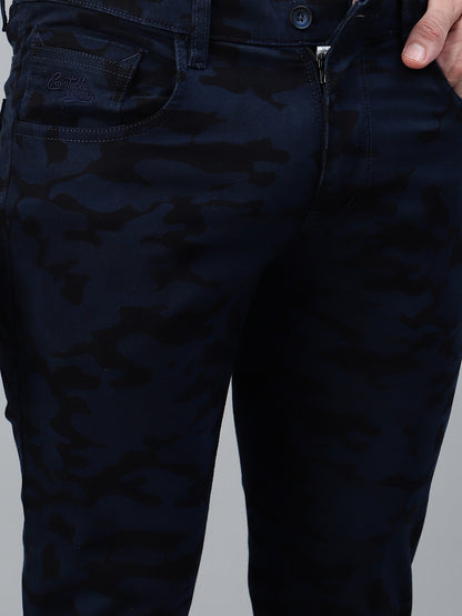 Men's Navy Blue Printed Non-Pleated Casual Trouser