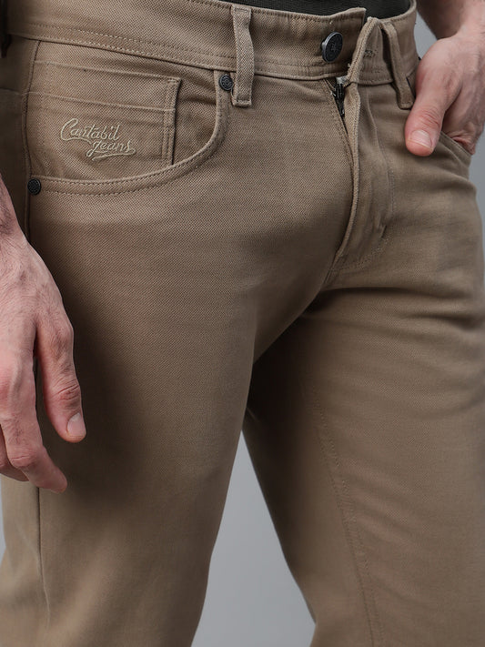 Men's Khaki Self Design Non-Pleated Casual Trouser