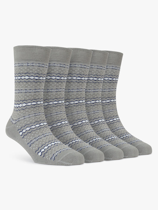 Men's Pack Of 5 Grey Crew Length Printed Casual Socks