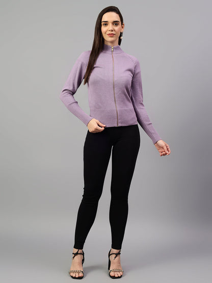 Women's Solid Lavender Full Sleeve Casual Sweater