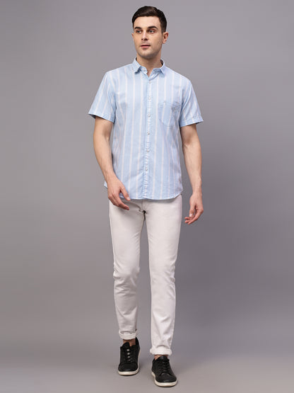 Men's Sky Blue Casual Broad Stripe Half sleeve Shirt