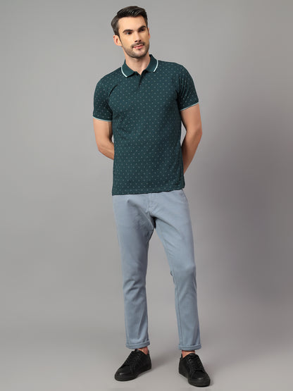 Men's Teal Blue Printed Polo Neck Half Sleeve T-shirt