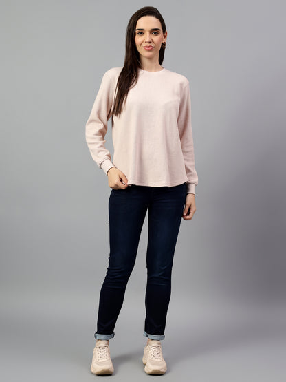 Women's Pink Self Design Round Neck Winter T-shirt