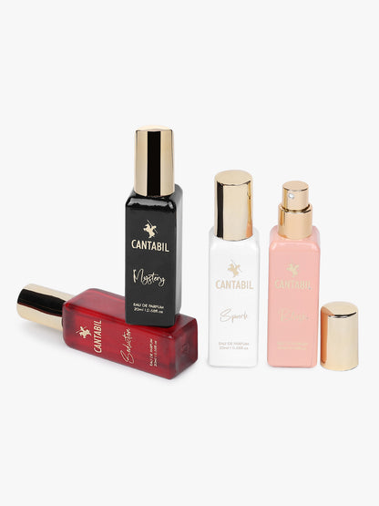 Cantabil Luxury Long Lasting Perfume Gift Set for Men & Women | Pack of 4 x 20ml Each | Mystery, Blush, Seduction & Spark Premium Eau De Parfum Fragrances