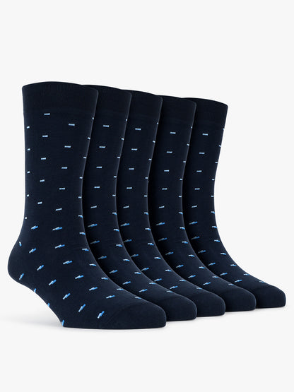 Men's Pack Of 5 Navy Blue Crew Length Printed Casual Socks