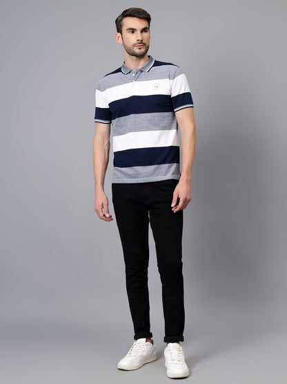 Men's White Striped Polo Neck Half Sleeve T-shirt