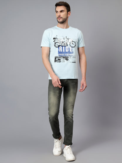 Men's Sky Blue Printed Round Neck Half Sleeve T-shirt