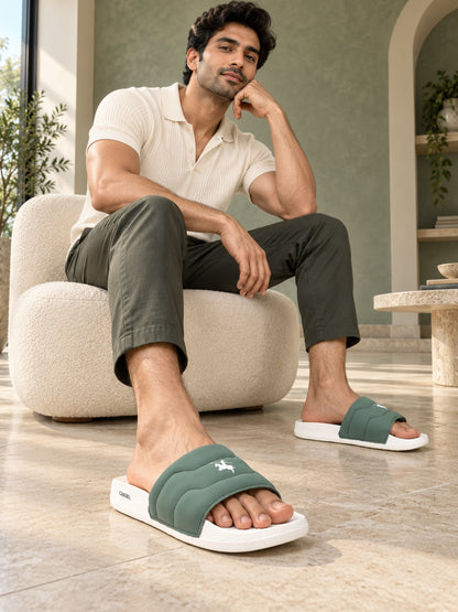 Men's White & Green Casual Colourblock Slider