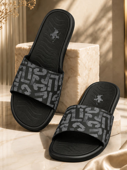 Men's Black Printed Sliders