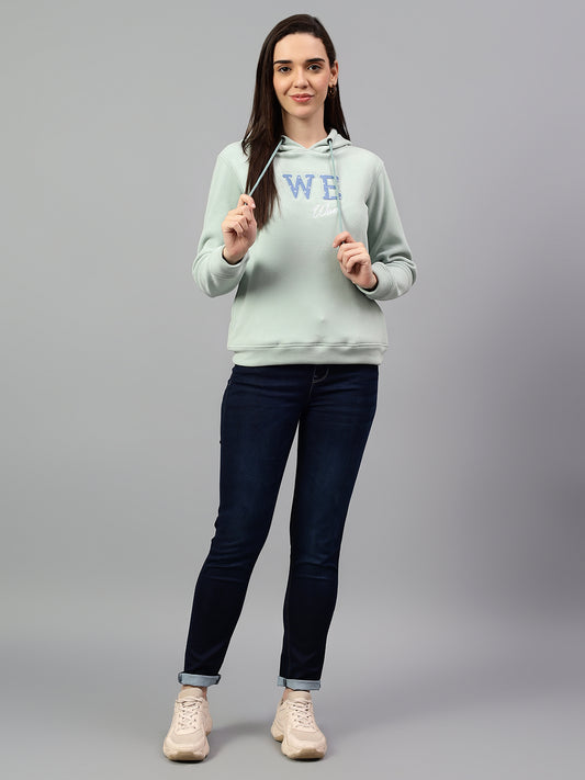 Women's Aqua Blue Printed Hoody Neck Sweatshirt