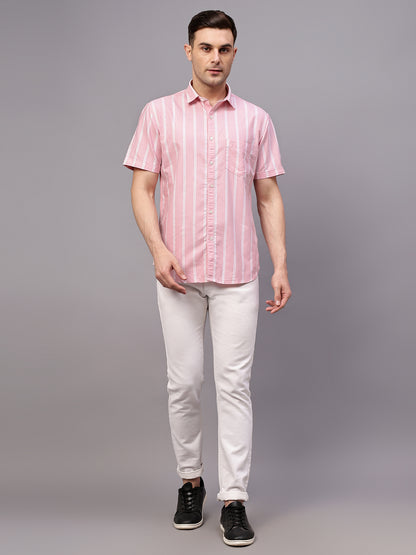 Men's Pink Casual Broad Stripe Half sleeve Shirt