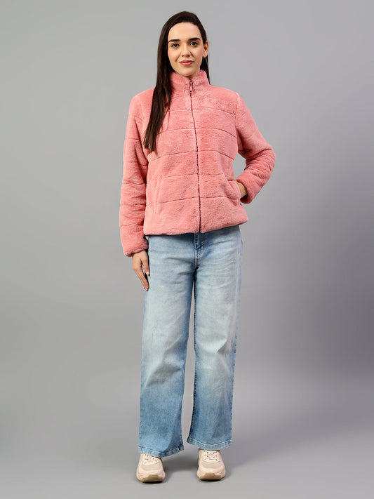 Women's Pink Solid Full Sleeves Winter Jacket