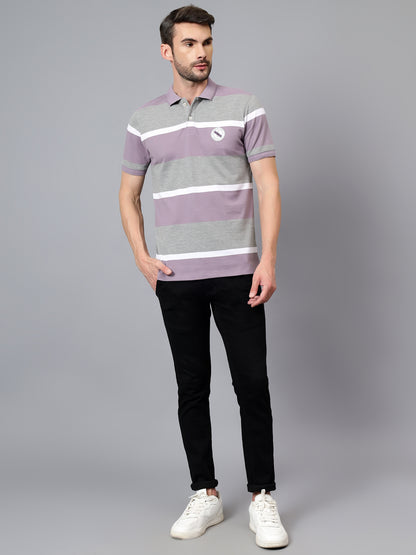 Men's Purple Striped Polo Neck Half Sleeve T-shirt