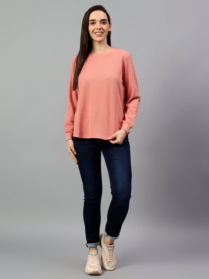 Women's Peach Self Design Round Neck Winter T-shirt