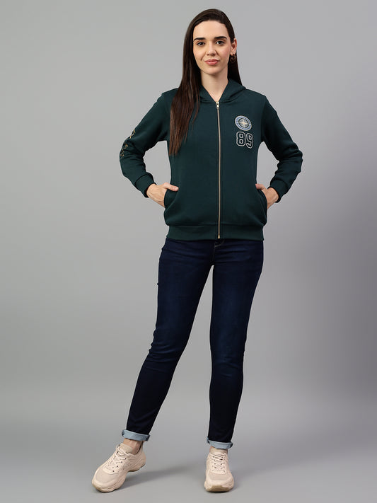 Women's Teal Green Printed Hoody Neck Sweatshirt