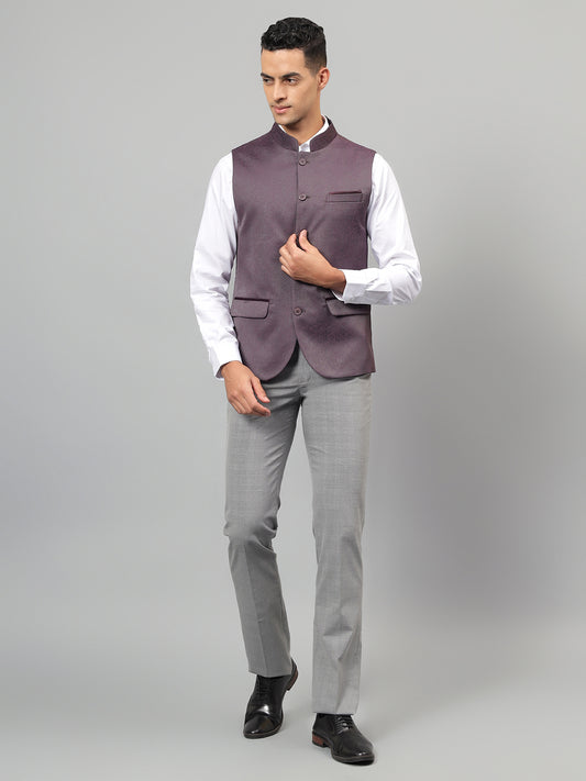 Men's Wine Self Design Partywear Waistcoat