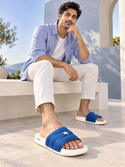 Men's White & Blue Casual Colourblock Slider