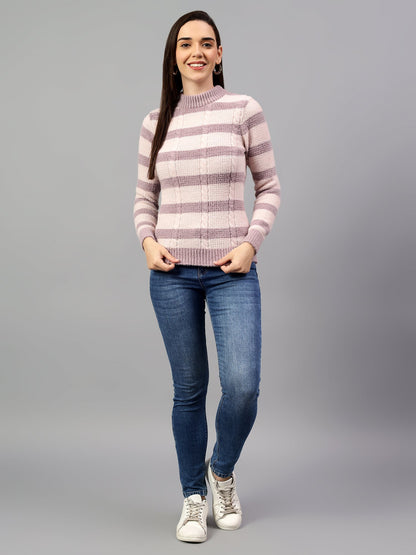 Cantabil Women's Striped Mauve Full Sleeve Casual Sweater