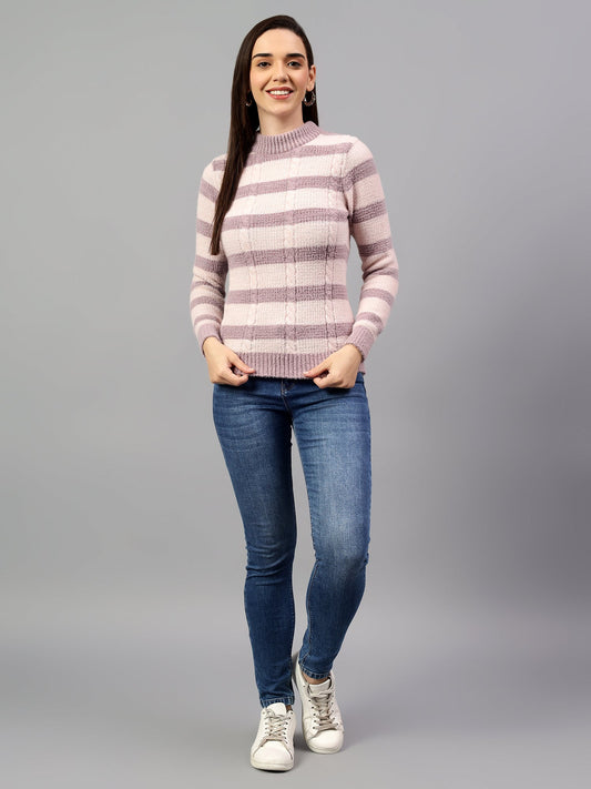 Cantabil Women's Striped Mauve Full Sleeve Casual Sweater