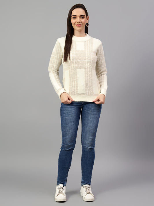 Women's Self Design Ivory Full Sleeve Casual Sweater