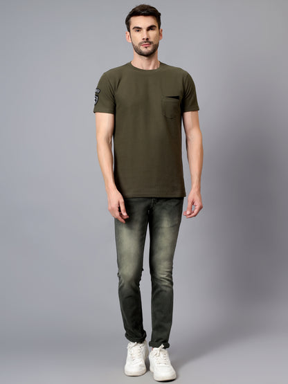 Men's Green Solid Round Neck Half Sleeve T-shirt