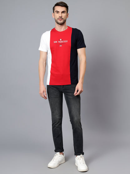 Men's Red Color Blocked Round Neck Half Sleeve T-shirt