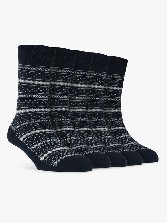 Men's Pack Of 5 Navy Blue Crew Length Printed Casual Socks