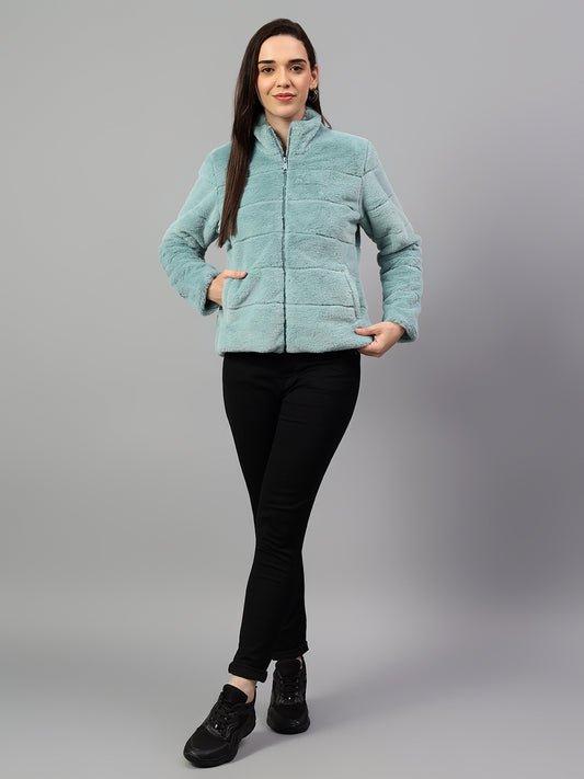 Women's Green Solid Full Sleeves Winter Jacket