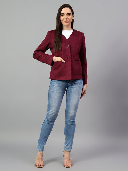 Women's Wine Solid Casual Winter Blazer