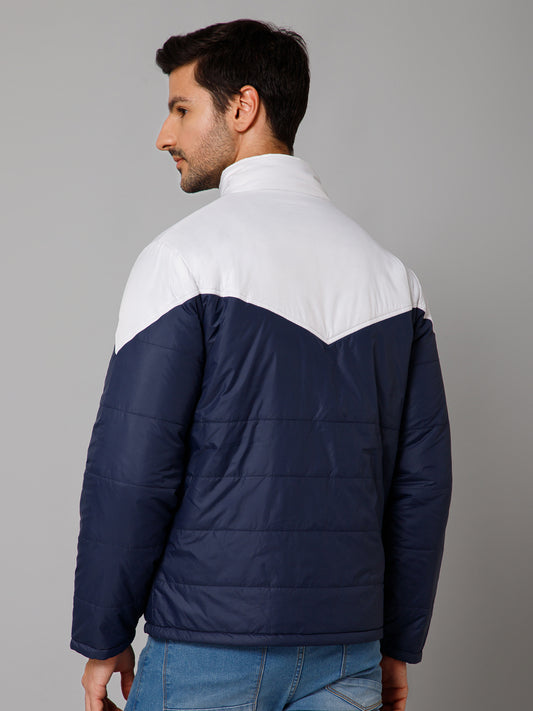 Color Blocked Navy and Grey Full Sleeves Mock Collar Regular Fit Reversible Casual Jacket For Men