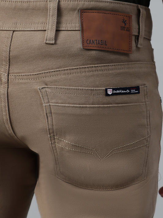 Men's Khaki Self Design Non-Pleated Casual Trouser