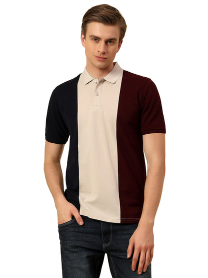 T-Shirt for Men | Breathable & Soft with Color Fastness Regular Fit Polo Neck Poly Cotton Fabric Colourblocked Pattern