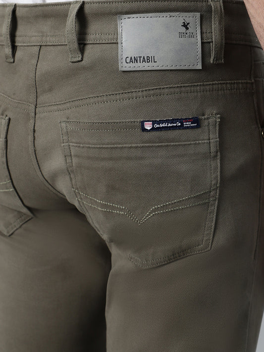 Men's Olive Green Self Design Non-Pleated Casual Trouser