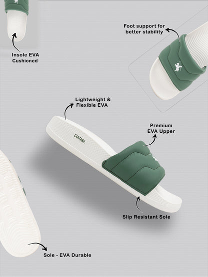 Men's White & Green Casual Colourblock Slider