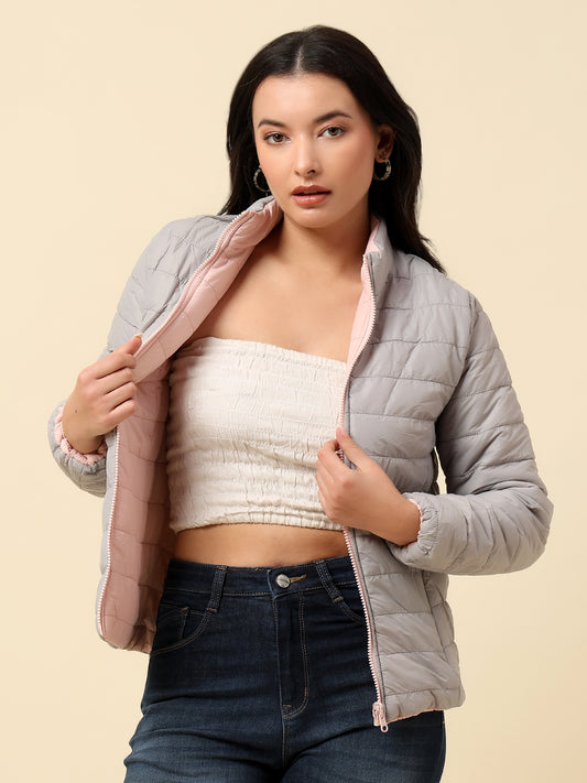 Reversible Jacket for Women | Premium Casual Jacket Regular Fit Mock Neck Nylon Fabric Solid Pattern