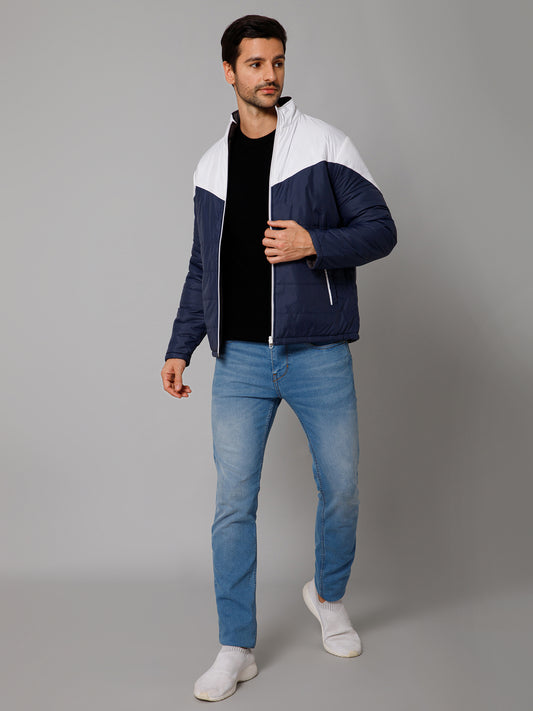 Color Blocked Navy and Grey Full Sleeves Mock Collar Regular Fit Reversible Casual Jacket For Men