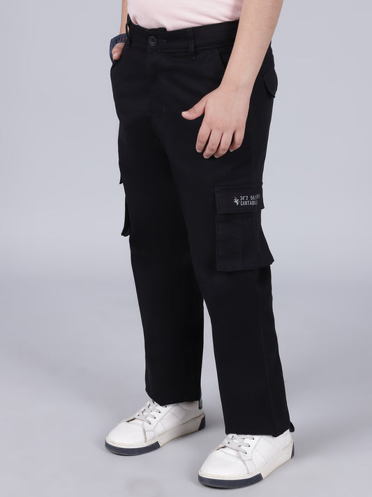 Boys Solid Black Regular Fit Casual Cargo