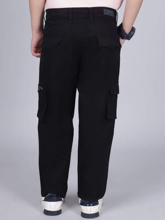 Boys Solid Black Regular Fit Casual Cargo