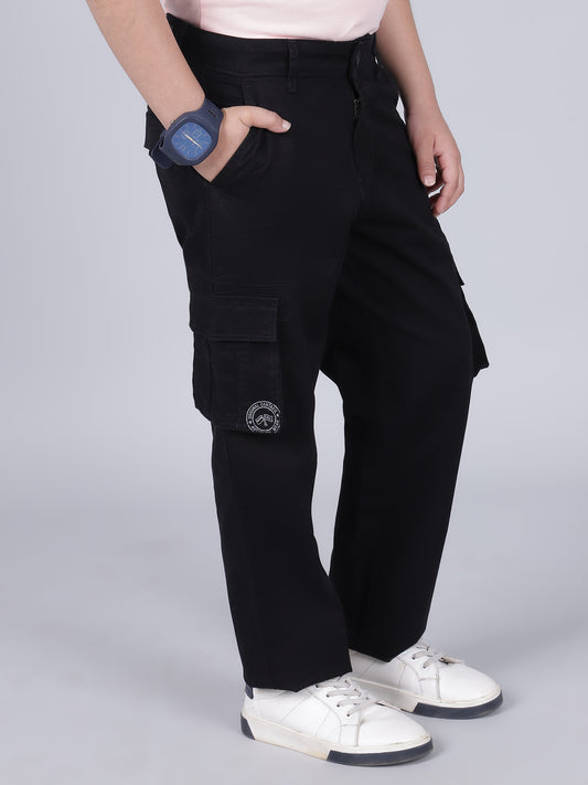 Boys Solid Black Regular Fit Casual Cargo