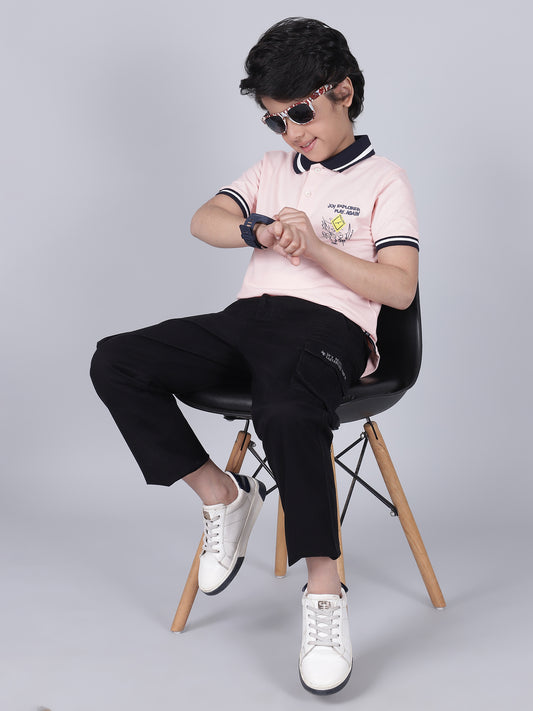 Boys Solid Black Regular Fit Casual Cargo