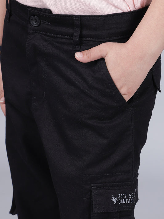 Boys Solid Black Regular Fit Casual Cargo