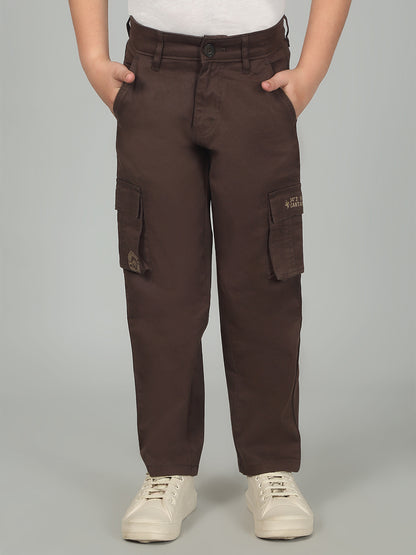 Brown Full Length Solid Regular Fit Casual Cargo for Boys