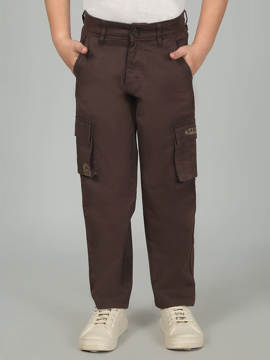 Brown Full Length Solid Regular Fit Casual Cargo for Boys
