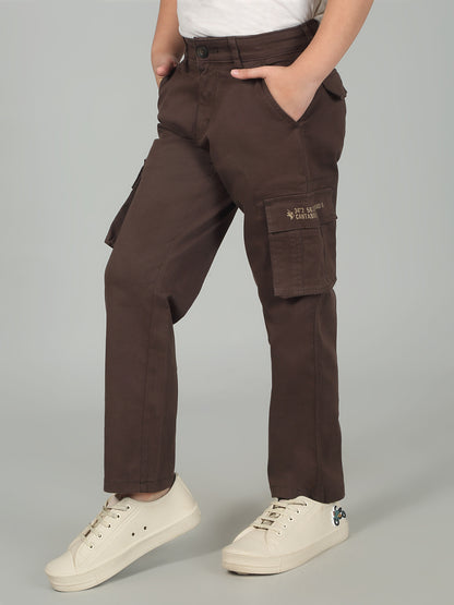 Brown Full Length Solid Regular Fit Casual Cargo for Boys