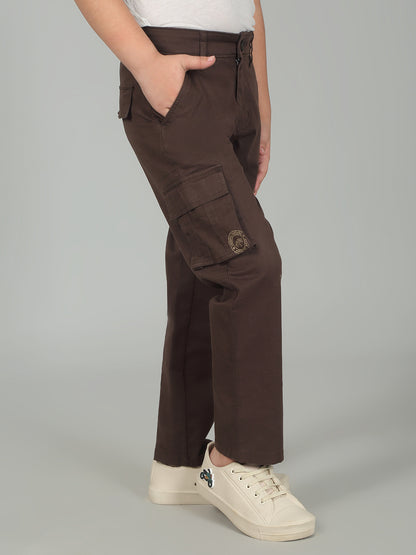 Brown Full Length Solid Regular Fit Casual Cargo for Boys