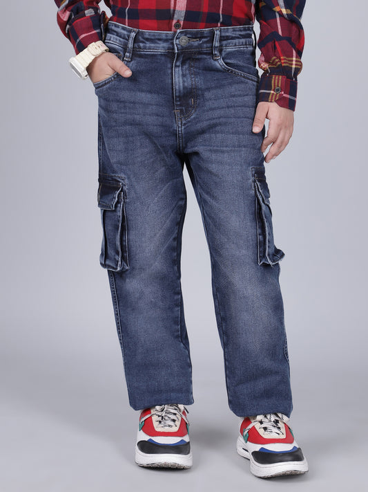 Boys Solid Blue Regular Fit Casual Cargo