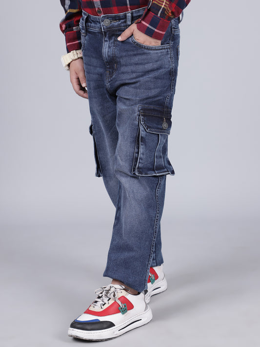 Boys Solid Blue Regular Fit Casual Cargo